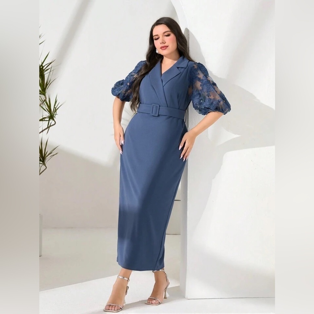 NWT SHEIN Elegant Blue Dress with Lace Sleeves